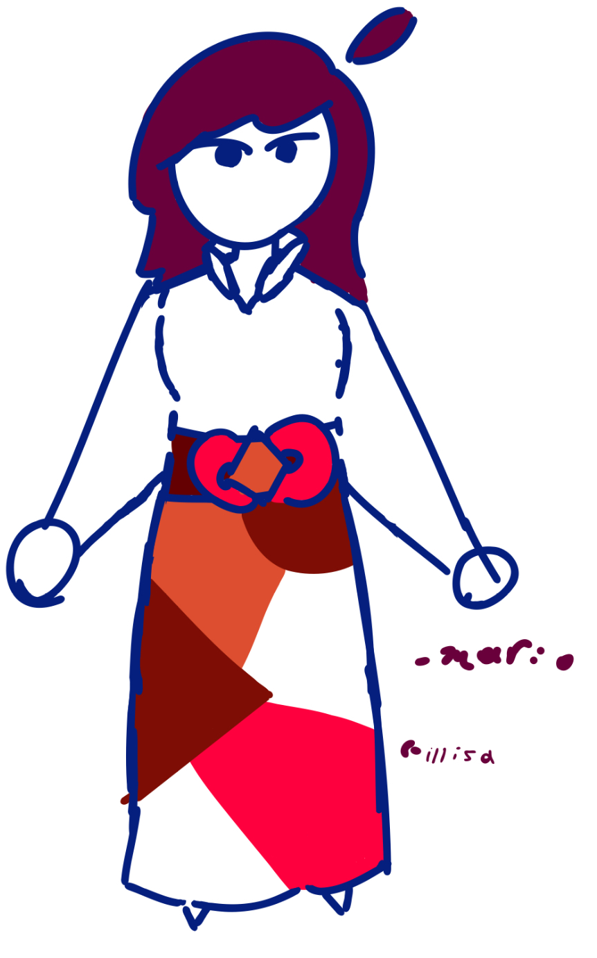A lady named Illy stands with a white shirt and geometrically patterned skirt.