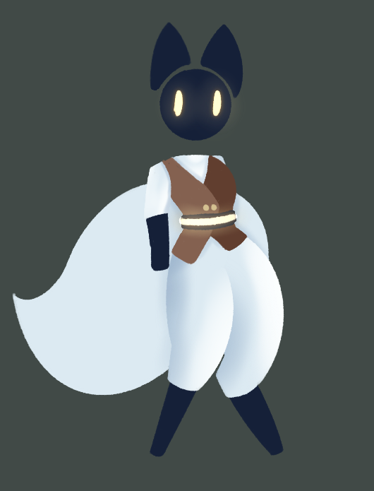 One of my DND characters stands in a green void with a brown vest on, their fur and tail white and fluffy.